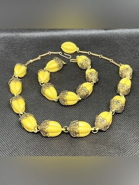 Vintage Butter Yellow Brass Celluloid Necklace and Bracelet Set